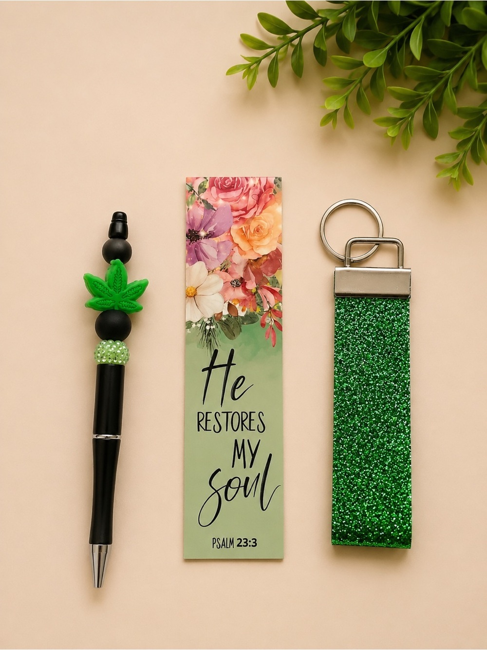 Psalm 23 Christian Gift Set | He Restores My Soul Bookmark | Beaded Pen
